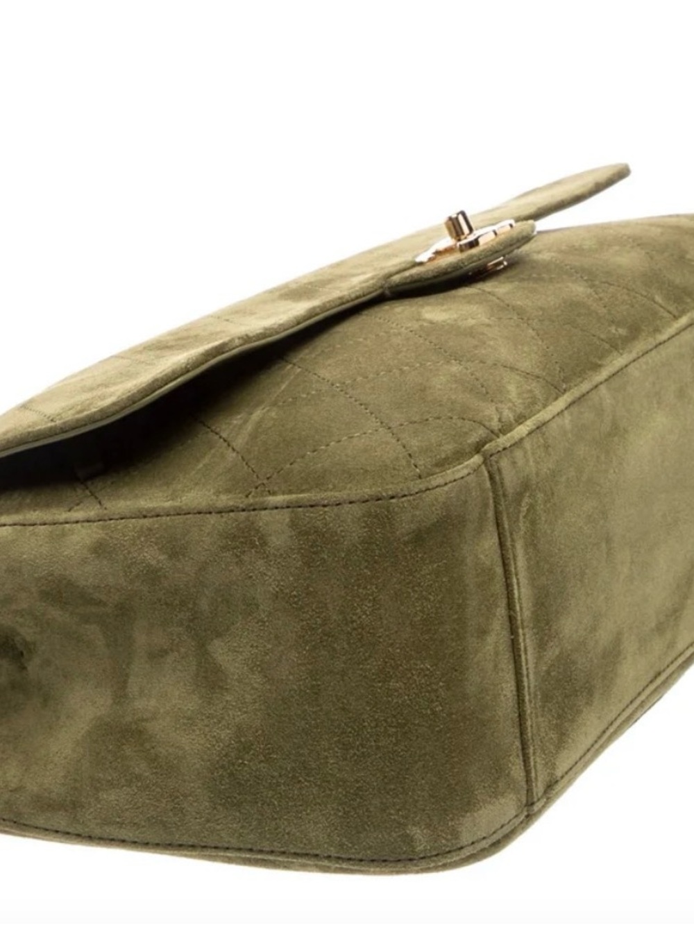 CHANEL Olive Green Quilted Suede Shoulder Bag with Turn-Lock